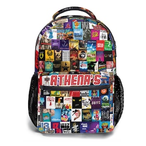 May include: A colorful backpack covered in musical theater posters, including "Chicago," "Frozen," and "Wicked." The backpack has a black mesh side pocket and the name "ATHENA'S" in red and white lettering across the front.