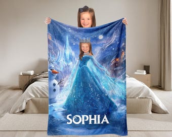 Personalized  Frozen Photo Blanket , Custom Face & Name Elsa Blankie For Kids