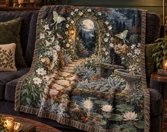 Personalized Luna Moth Moon Garden Woven Blanket - Custom Halloween Black Cat Stone Arch Lily Pool Frog Throw, Fall Wall Tapestry Decor