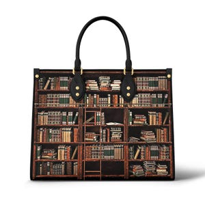 Personalized Leather Handbag Reading Leather Bag Vintage Bookcase