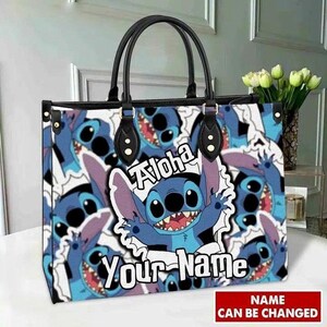 Personalisierte Name Stitch Cute Cartoon Frauen Kunstleder Handtasche | Benutzerdefinierte Name Stitch Cartoon Top Handler Handtasche