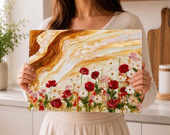 Personalized Poppy Daisy Glass Cutting Board, Floral Kitchen Decor, Cottagecore Charcuterie Tray
