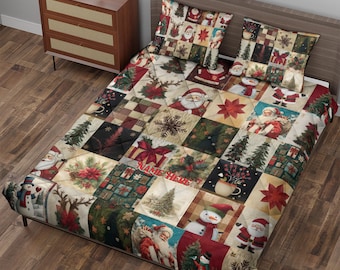 Personalized Christmas Quilt Bedding Set: Custom Family Name Santa Holiday Bedroom Decor