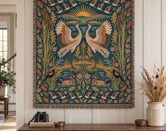 Personalized Dancing Crane Courtship Woven Blanket - Custom Fall Sandhill Birds Geese Chevron Cattail Goldenrod Throw, Thanksgiving Wall Tap