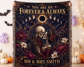 Personalized Gothic Woven Blanket, Skeleton Couple Celestial Moon Throw , Garnet Night Halloween Home Decor