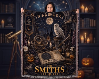 Personalized Celestial Gothic Owl Woven Blanket - Custom Name Halloween Home Decor Throw