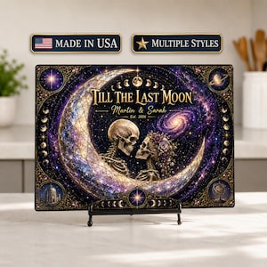 Personalized Celestial Gothic Glass Cutting Board, Skeleton Couple Gift, Moon Phase Wedding Present, Dark Romance Kitchen Decor