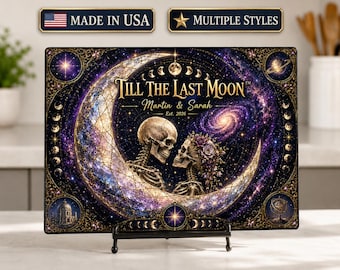 Personalized Celestial Skeleton Couple Glass Cutting Board, Gothic Moon Wedding Gift
