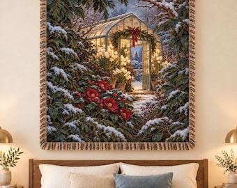 Personalized Snowy Glasshouse Woven Blanket - Custom Christmas Red Camellia Greenhouse Throw, Winter Garden Wall Tapestry Decor