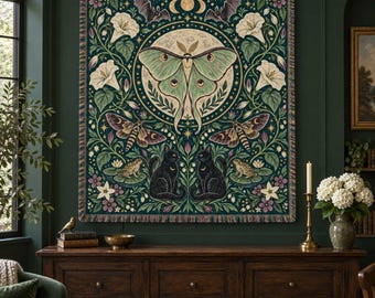 Personalized Luna Moth Medallion Woven Blanket - Custom Halloween Full Moon Phases Mirrored Black Cats Bat Frog Throw, Fall Wall Tapestry De
