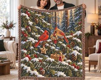 Personalized Cardinal Pair Woven Blanket - Custom Christmas Snowy Fir Seed Wreath Throw, Woodland Bird Lover Wall Tapestry Decor