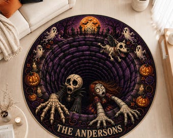 Personalized Halloween 3D Illusion Skeleton Rug, Custom Name Velvet Floormat, Spooky Gothic Season Home Decor