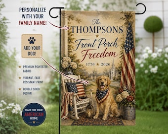 Bandera de jardín personalizada con nombre familiar, pancarta decorativa de doble cara con diseño de perro americano para jardín.