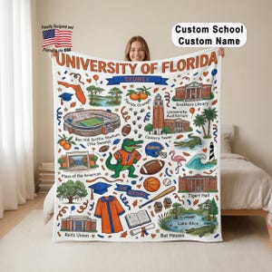 May include: A white University of Florida blanket featuring a colorful illustrated design with the text "UNIVERSITY OF FLORIDA" and "SYDNEY". The design includes landmarks, a gator mascot, and the words "GO GATORS".