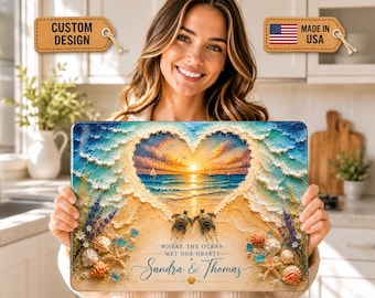 Personalized Ocean Heart Glass Cutting Board, Turtle Couple Beach Wedding Gift, Kitchen Art