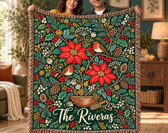 Personalized Poinsettia Woven Blanket - Custom Family Name Christmas Robin Holly Evergreen Throw, Bird Lover Gift
