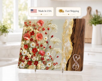 Personalized Poppy Wildflowers Glass Cutting Board, Custom Charcuterie Serving Tray Kitchen Decor, Wedding Gift