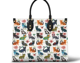 Personalized Cat Handbag - Nordic Floral Print, Vegan PU Leather Purse