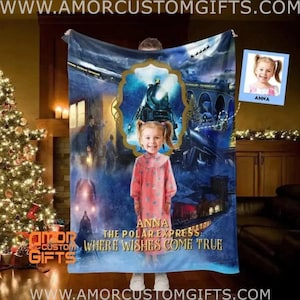 USA MADE Personalized Polar Express Hero Girl Blanket | Custom Name & Face Christmas Dream Polar Express Train Blanket