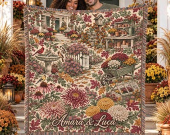 Personalized Porch Mums Garden Woven Blanket - Custom Fall Chrysanthemum Wheelbarrow Cardinal Throw, Couple Names Thanksgiving Wall Tapestry