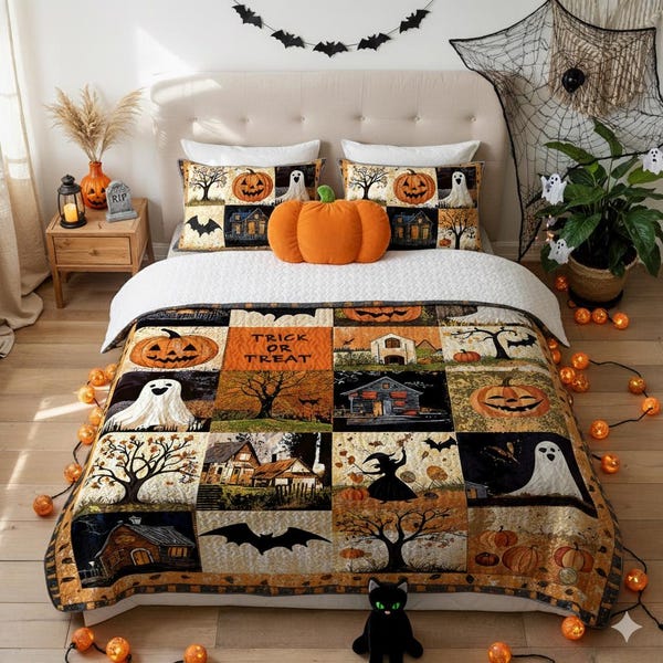 Gepersonaliseerde Halloween-dekbedovertrekset | 3-delige beddenset met kussensloop, griezelige slaapkamer