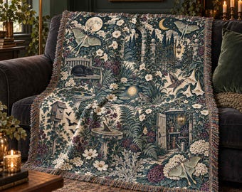 Personalized Moonflower Garden Woven Blanket - Custom Halloween Luna Moth Black Cat Throw Home Decor