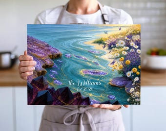 Personalized Amethyst River Glass Cutting Board, Custom Bridal Shower Wedding Charcuterie Gift