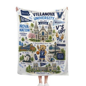 May include: White blanket featuring a map-like design of Villanova University. The design includes illustrations of campus landmarks, the university logo, and text such as "Nova Nation" and "Wildcats".