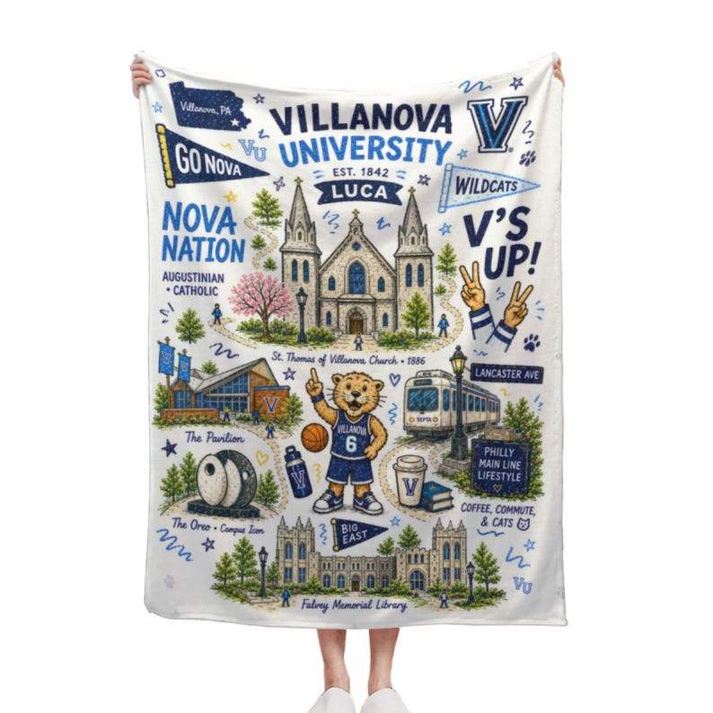 May include: White blanket featuring a map-like design of Villanova University. The design includes illustrations of campus landmarks, the university logo, and text such as "Nova Nation" and "Wildcats".