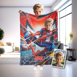 Personalized Superhero Spider Boy Blanket, Custom Face Spidey Throw image 1