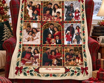 Personalized Tartan Ribbon Christmas Photo Blanket - Custom Name Gift