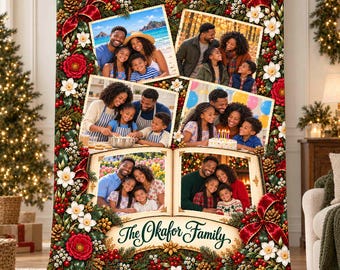 Personalized Christmas Photo Fleece Blanket, Custom Family Pictures Collage Throw, Winter Garden Memory Home Keepsake