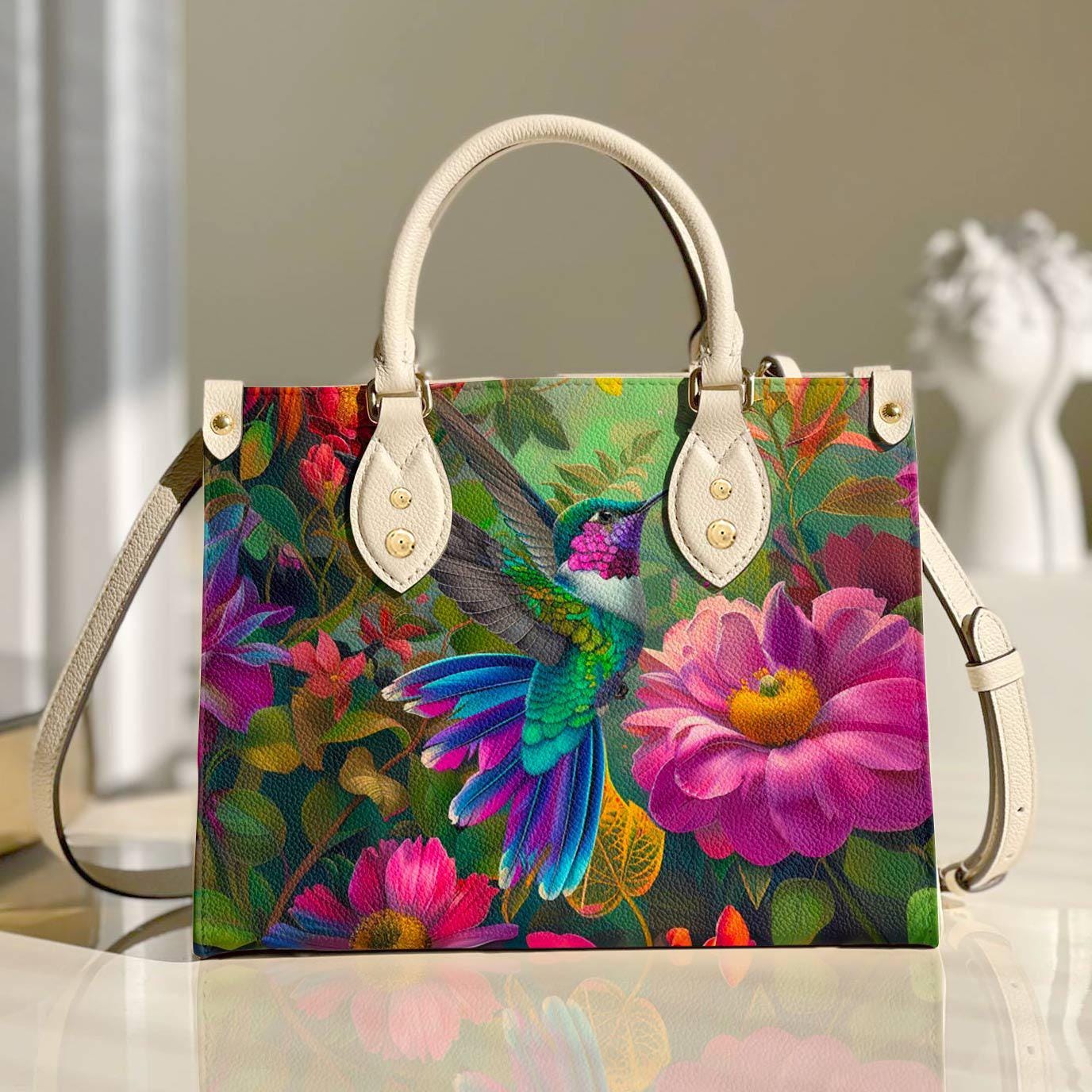 Personalized Leather Handbag Floral Hummingbird | Custom Vegan Leather Handbag Bird Watching, Bird Lover Gift