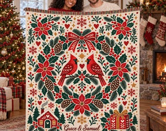 Personalized Cardinal Wreath Woven Blanket - Custom Christmas Poinsettia Throw, Bird Lover Holiday Wall Tapestry