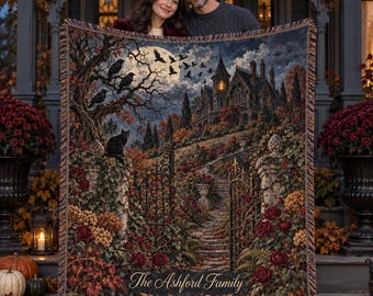 Personalized Raven Woven Blanket - Custom Halloween Gothic Haunted House Black Cat Rose Throw, Fall Wall Tapestry