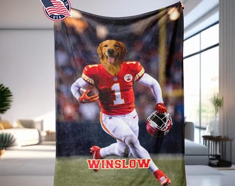 Personalized Kansas Football Dog Photo Blanket, Custom Face & Name Pet Parents Gift