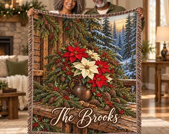 Personalized Poinsettia Woven Blanket – Custom Christmas Family Name Throw,  Botanical Tapestry Decor Gift