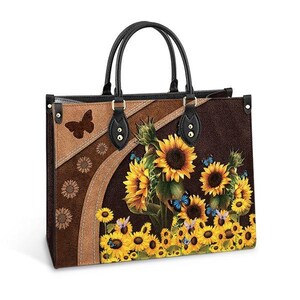 Personalisierte Name Schmetterling Sonnenblumen Garten Kunstleder Tasche