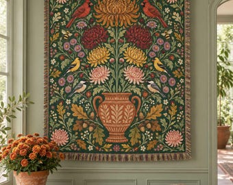 Personalized Mum Urn Bouquet Woven Blanket - Custom Fall Chrysanthemum Cardinal Goldfinch Acorn Berry Throw, Thanksgiving Wall Tapestry Deco