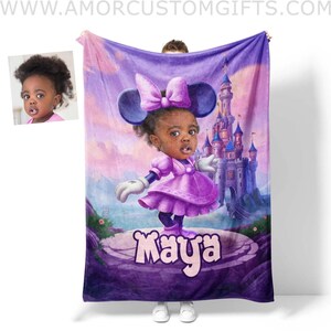 USA MADE PersonalizedFace & Name Cartoon Mouse Cosplay Mini Castle Purple Dress Blanket