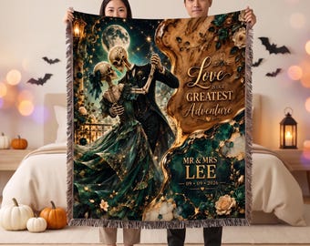 Personalized Gothic Woven Blanket, Skeleton Couple Dark Romance Throw , Emerald Halloween Home Decor