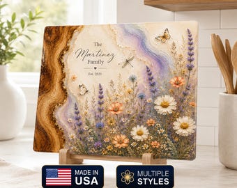 Personalized  Wildflower Lavender Glass Cutting Board, Custom Bridal Shower, Engagement Gift Kitchen Countertop Decor