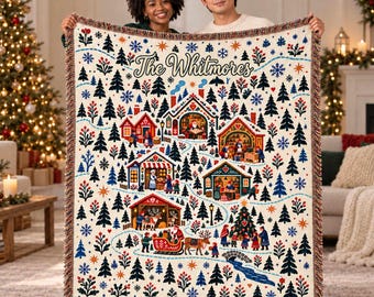 Personalized North Pole Village Woven Blanket - Custom Christmas Santa Workshop Reindeer Sleigh Throw, Holiday Wall Tapestry Decor