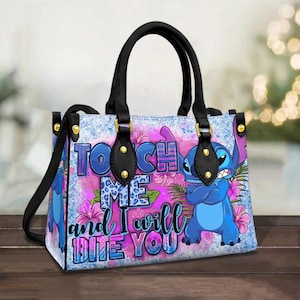Personalisierte Stitch lustige Frauen Kunstleder Handtasche | Benutzerdefinierte Name Stitch Cartoon Top Handler Handtasche