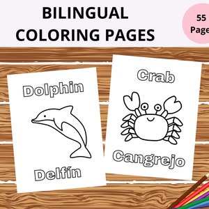 55 Printable Bilingual Coloring Pages Worksheets for Kids, English Spanish Animal Coloring Book for Kids Toddlers, Preschool Homeschool.