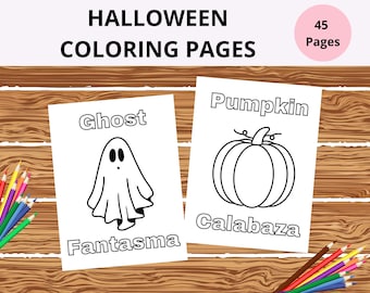 45 afdrukbare tweetalige kleurplaten werkbladen voor kinderen, Engels Spaans Halloween kleurboek voor kinderen, peuters, voorschoolse thuisschool.