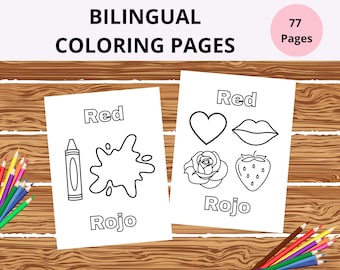 77 hojas de trabajo para colorear bilingües para niños, hojas de trabajo de aprendizaje de inglés y español imprimibles para niños pequeños en edad preescolar, educación en el hogar.