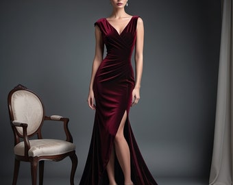 stunning dress crafted from a luxurious fabric that dances between velvet's richness and silk's smooth drape