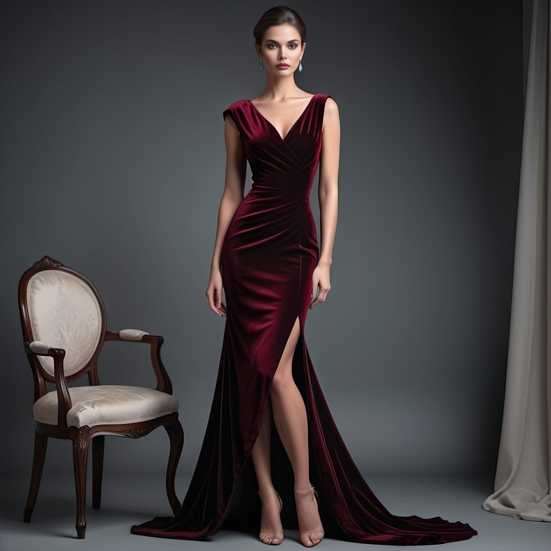 stunning dress crafted from a luxurious fabric that dances between velvet's richness and silk's smooth drape image 1