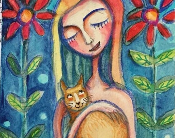 Girl and CAT Painting Original watercolor Meloearth